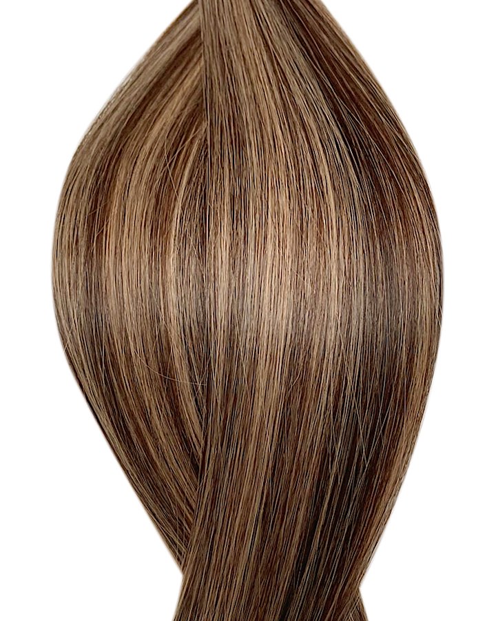 Human luxe tape in hair extensions UK available in #P2/14 dark brown dark blonde mix Rio sunrise