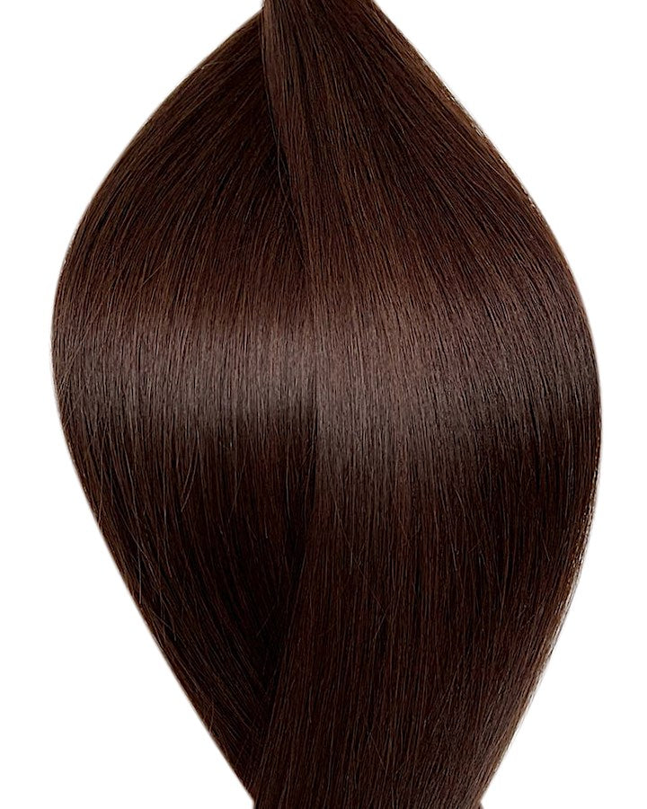Human luxe tape in hair extensions UK available in #2 dark brown pure cocoa