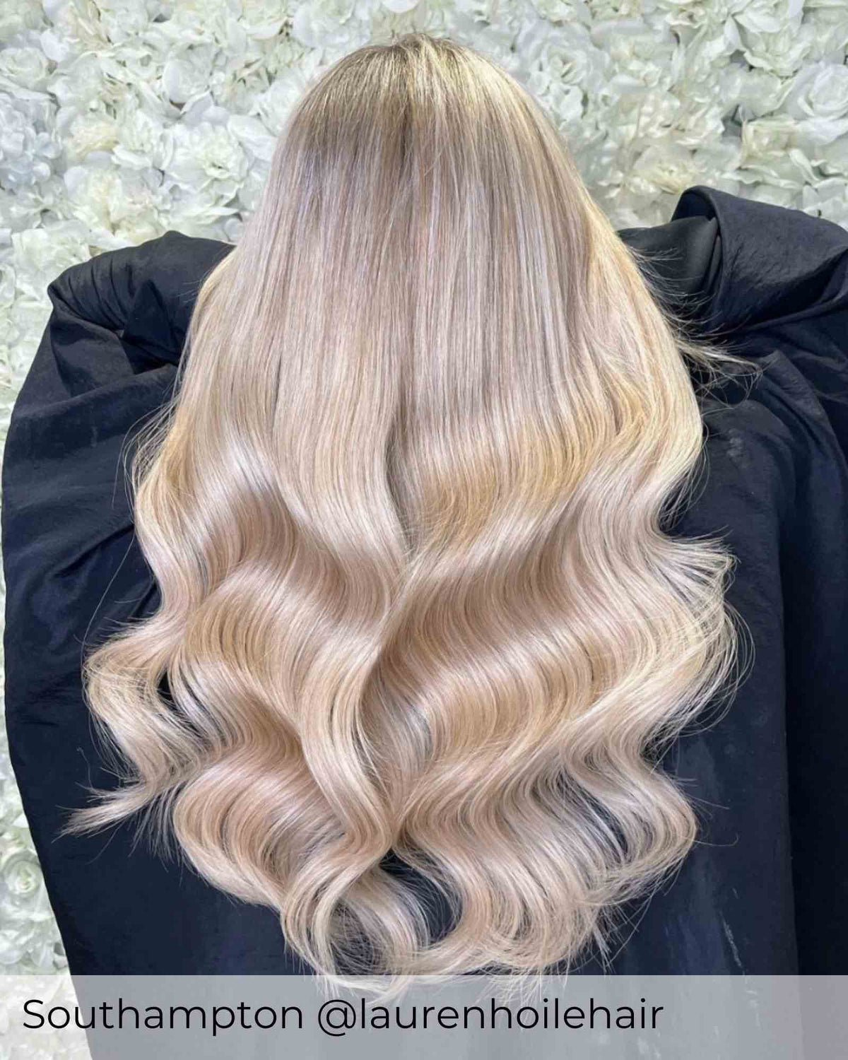 Ash Blonde mix Balayage hair, wearing Viola tape weft hair extensions bright blonde mix hair extensions