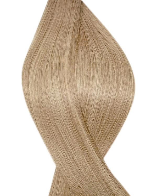 Human nano ring hair extensions UK available in #T18/18/22 balayage dark ash blonde medium ash blonde mix vanilla frappe