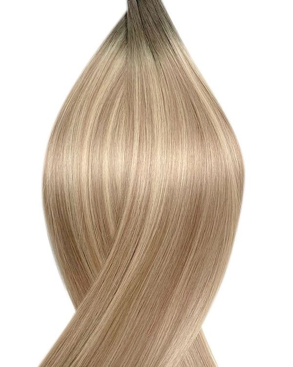 Human nano ring hair extensions UK available in #T7P18/22 frosted chocolate root dark ash blonde light ash blonde mix Vanilla Latte