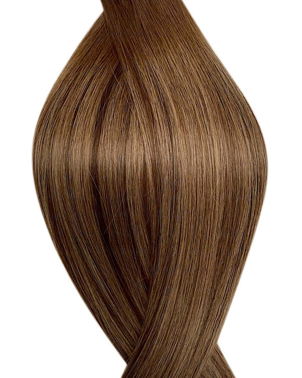 Human nano ring hair extensions UK available in #T4P4/14 balayage medium brown dark blonde mix caramel cappuccino