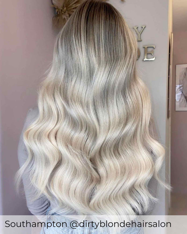 Brown root stretch to platinum ash blonde hair extensions, long beautiful hair achieved with root drag brown hair extensions
