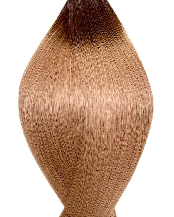 Human nano ring hair extensions UK available in #T2/14 root stretch dark brown dark blonde chai latte