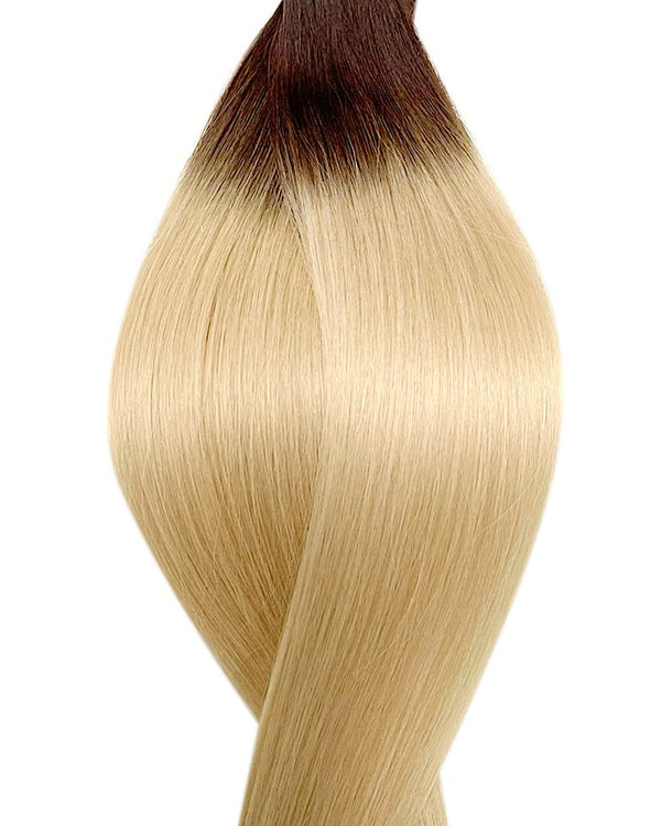 Human nano ring hair extensions UK available in #T2/60 root stretch dark brown platinum blonde almond latte