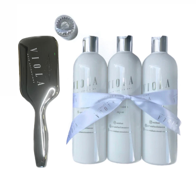 Warranty set 6-month: 2 x shampoo 500ml, 1x conditioner 500ml, Chrome bristle brush, twizzele hair bands