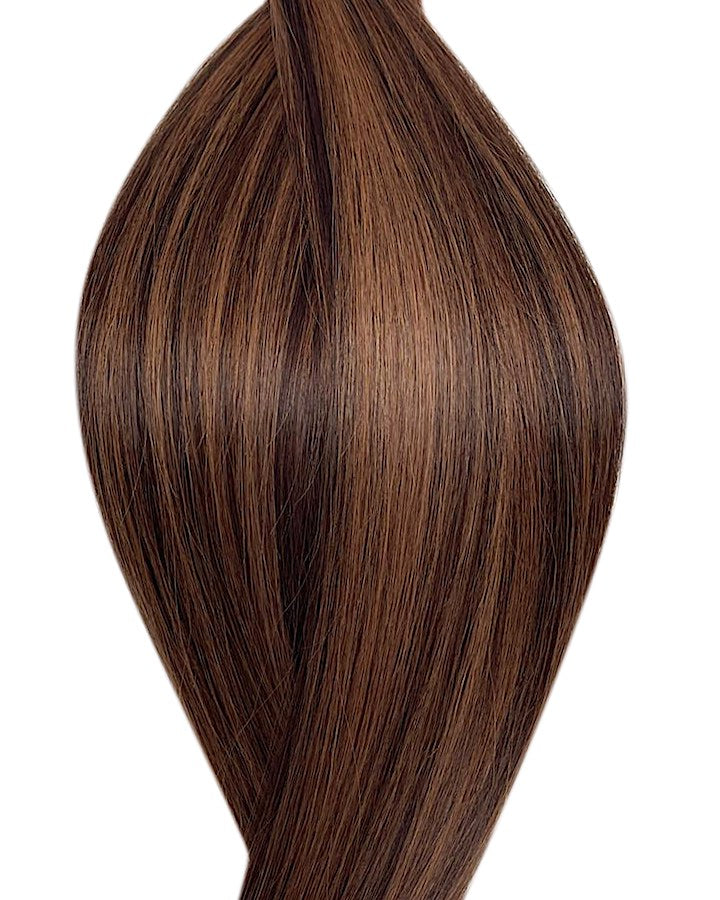 Human luxe nano ring hair extensions UK available in #P2/6 dark brown light chestnut brown mix Marrakech heat
