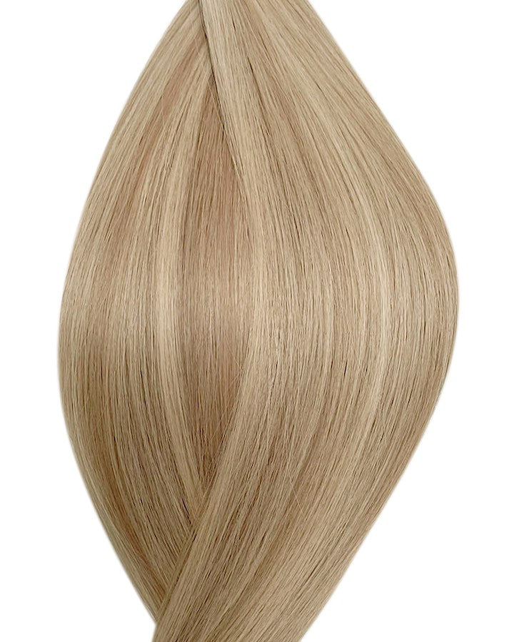 Human secret tape in hair extensions UK available in #P18/22 dark ash blonde light ash blonde mix Malibu sunset