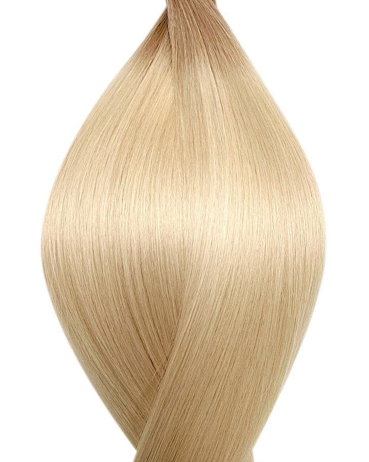 Human tape in hair extensions UK available in #T18/60 root stretch dark ash blonde platinum blonde chai frappe
