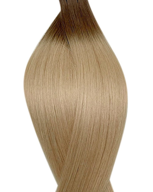 Human genius hair weave extensions UK available in #T7/16 root stretch light ash brown medium ash blonde cold brew