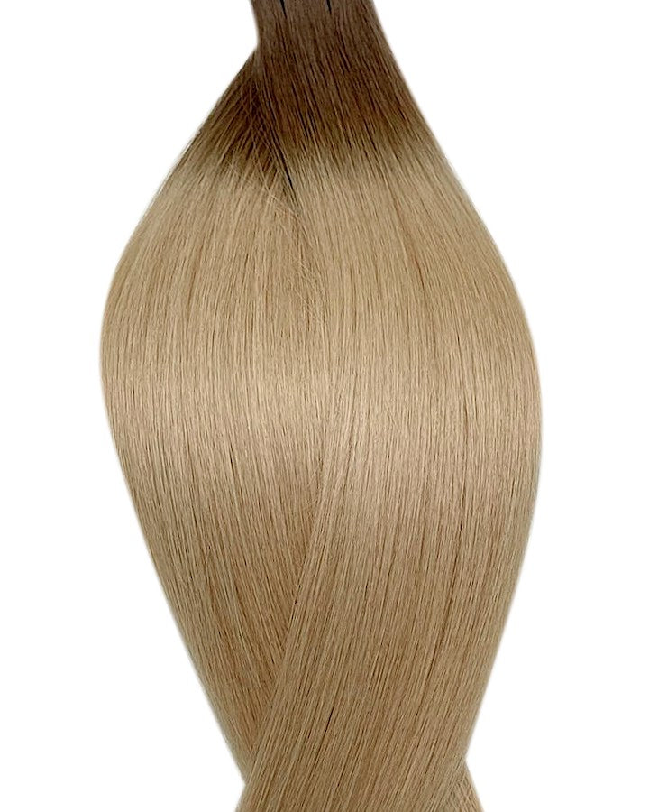 Human luxe nano ring hair extensions UK available in #T7/16 root stretch light ash brown medium ash blonde cold brew