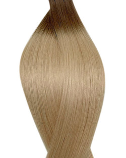 Human tape weft hair extensions UK available in #T7/16 root stretch light ash brown medium ash blonde cold brew