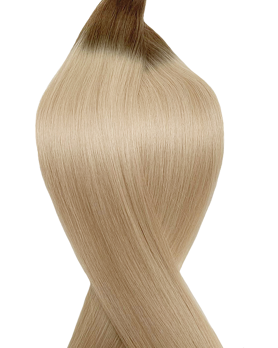 Human pre-bonded hair extensions UK available in #T7/60B root stretch light ash brown platinum ash blonde iced tea