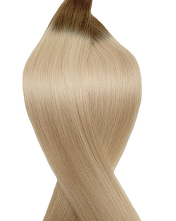 Human tape weft hair extensions UK available in #T7/16 root stretch light ash brown platinum ash blonde Iced tea