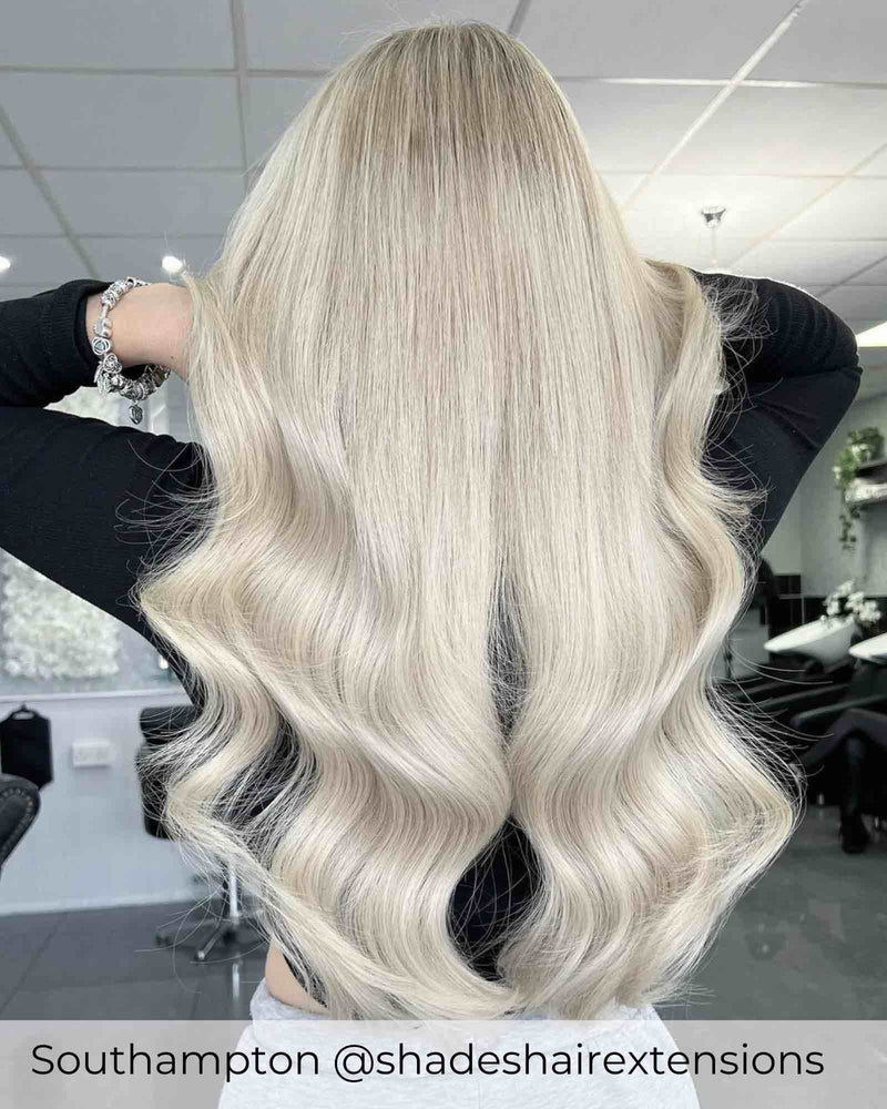 Ash blonde hair with Viola Nano ring hair extensions, blonde hair inspiration with Pearl grey long extensions