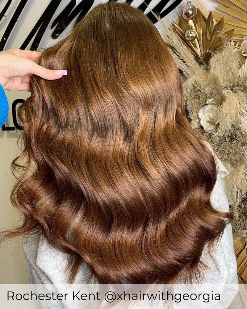 Beautiful chocolate copper brown hair extensions added length and volume to short hair with weave human hair extensions by Viola