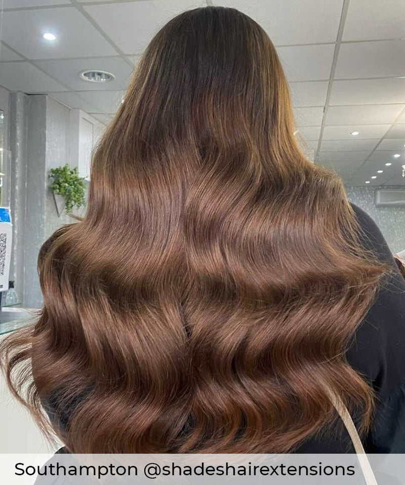 rich brown hair, long, healthy, brown tape in hair extensions by Viola wearing colour #3 deepChocolate 