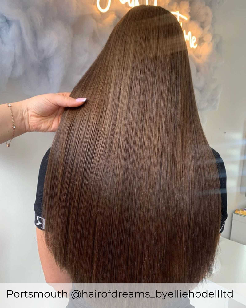 Dark ash brown brown hair, long, healthy, brown pre-bonded hair extensions by Viola wearing colour #4a roasted chestnut 