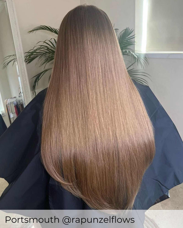 chestnut brown long hair achieved by wearing Viola pre-bonded hair extensions with beautiful rich praline brown