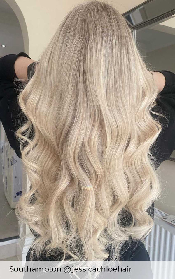 Light ash blonde hair with Viola tape weft hair extensions, blonde hair inspiration with Starlet blonde long extensions