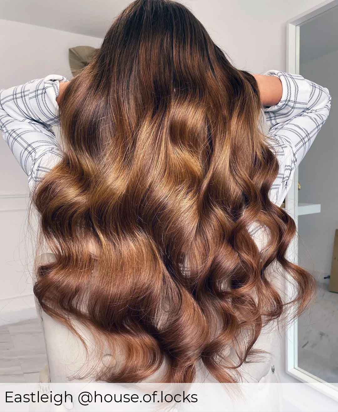 Medium brown hair, long, healthy, brown Nano ring hair extensions by Viola wearing colour #4 Milk Chocolate 