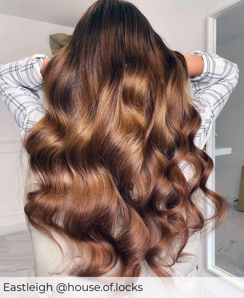 Light chocolate brown long hair extensions in a pre-bonded, the best hair extensions in the UK by Viola perfect for adding length