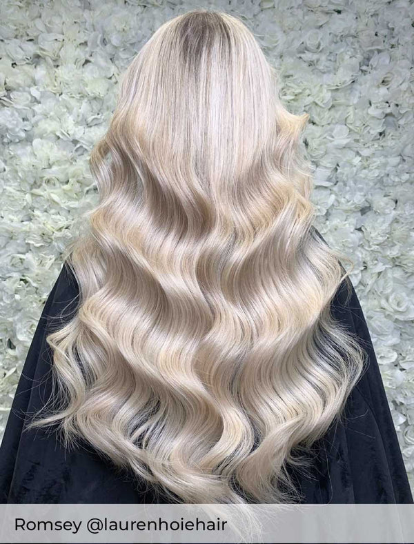 Ash Blonde hair extensions by Viola in colour #60B Pearl glow with Nano ring, Tape In, Weaves and Micro ring hair extensions
