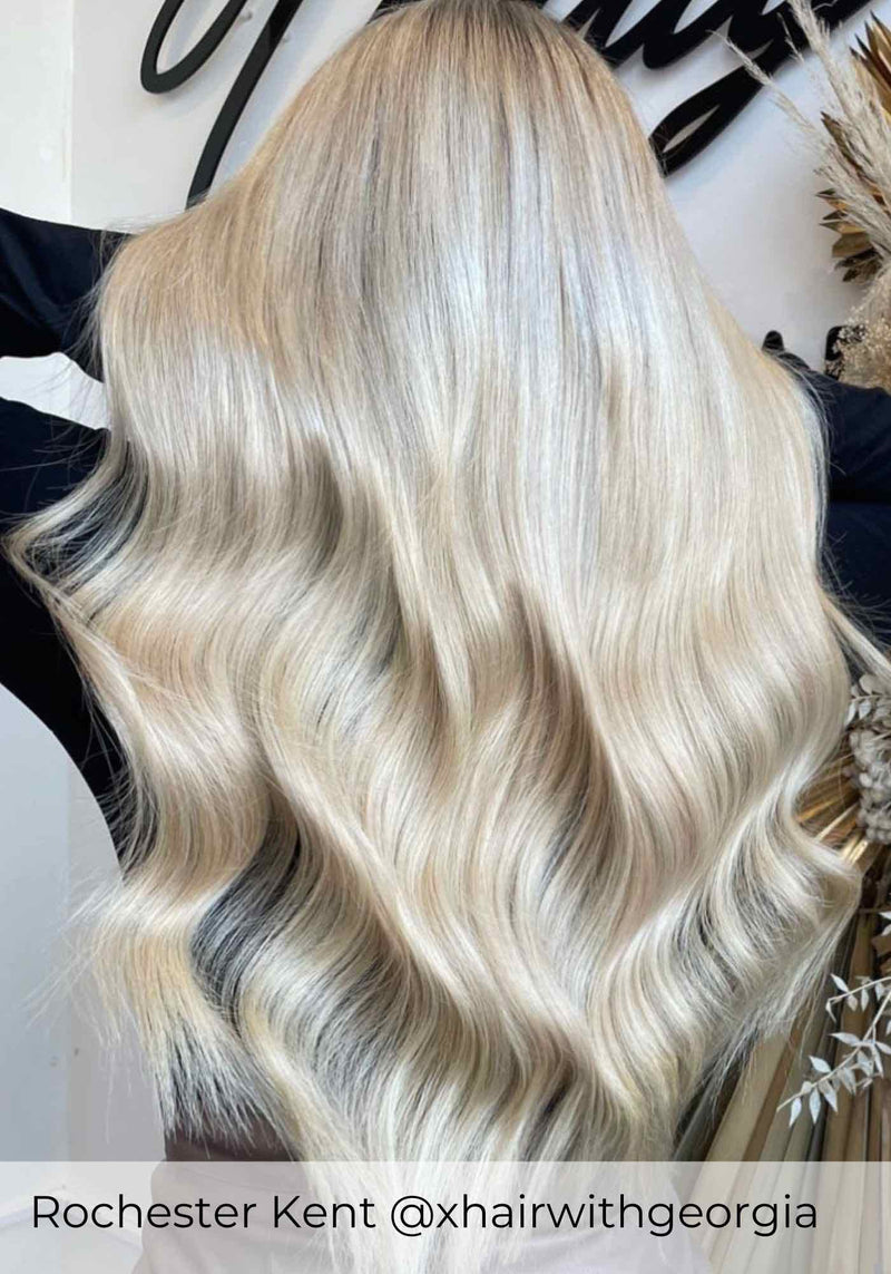 Ash Blonde hair extensions by Viola in colour #60B Pearl glow with Nano ring, Tape In, Weaves and Micro ring hair extensions