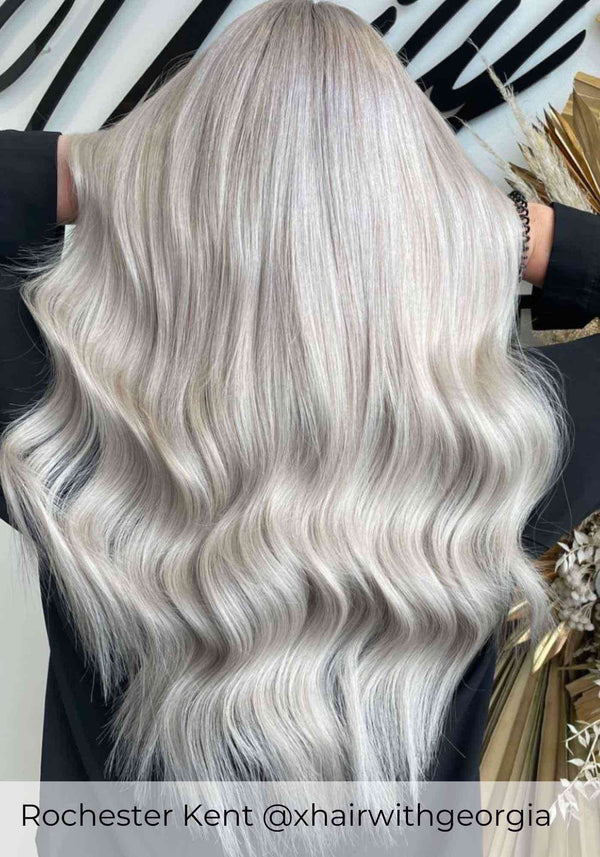 Silver blonde long hair with extensions to enhance the natural hair with human silver hair extensions by Viola hair extensions