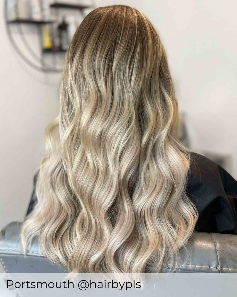 Balayage ash brown root and ash blonde mix hair extensions, mixed extensions with a brown root by Viola hair extensions UK