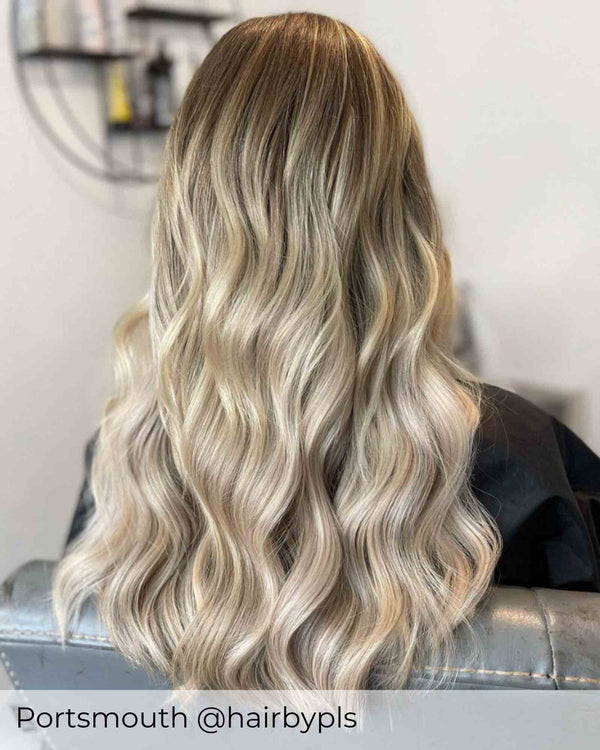 Long blonde Balayage mix hair extensions, dark ash blonde mixed with light ash blonde with darker root stretch by Viola