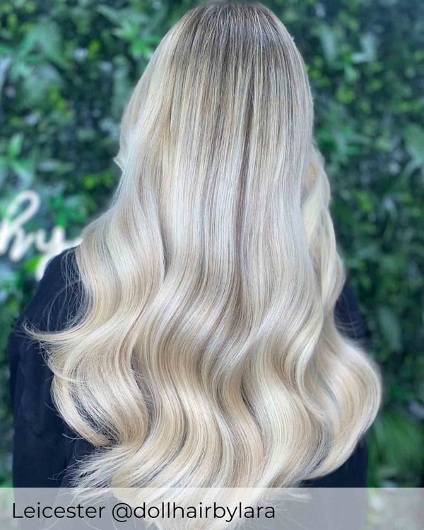 Ash Blonde Balayage hair, wearing Viola weave hair extensions in shade Scandinavian bright blonde mix hair extensions 