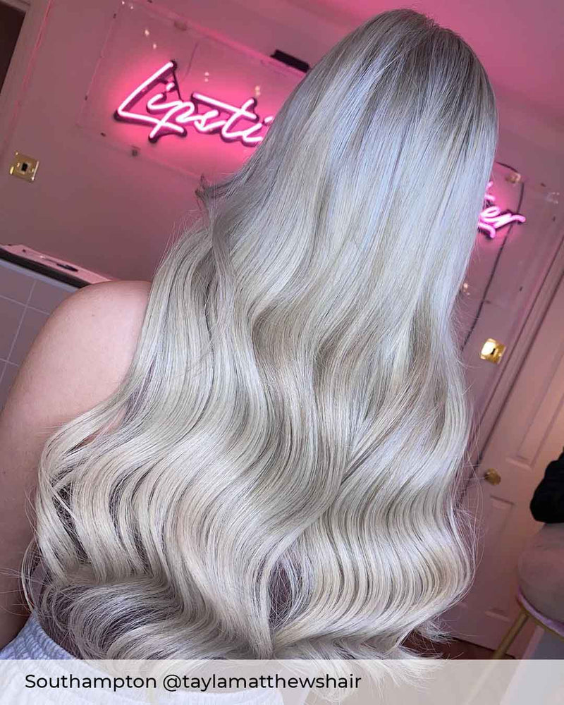 Light ash blonde hair with Viola pre-bonded hair extensions, ashy blonde hair inspiration with Pearl Grey long extensions