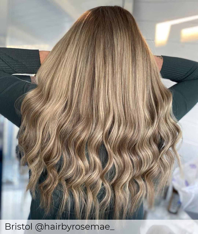 Balayage ash brown root and ash blonde mix hair extensions, mixed extensions with a brown root by Viola hair extensions UK