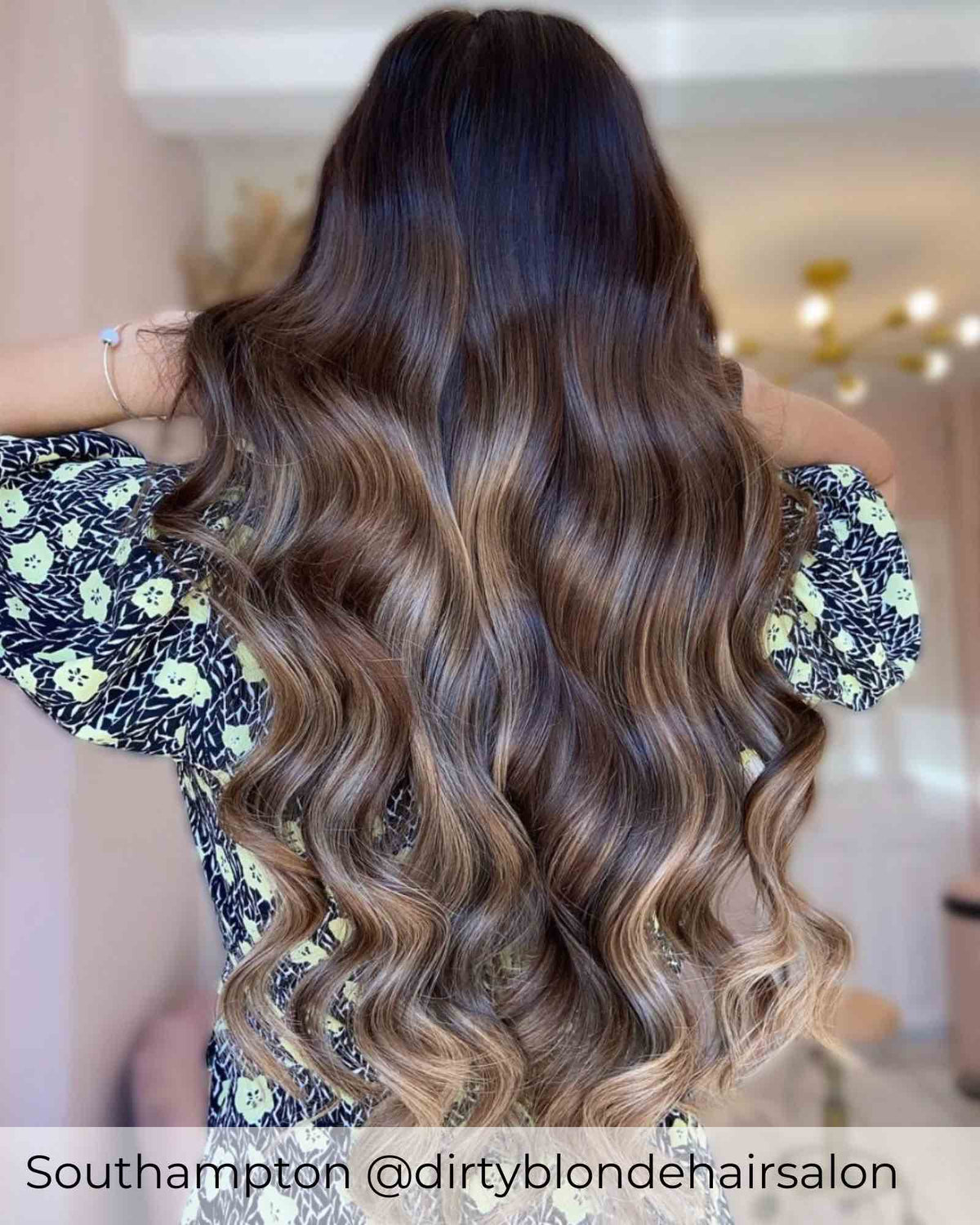 Balayage dark brown root and dark honey blonde mix hair extensions, mixed extensions with a brown root by Viola hair extensions UK