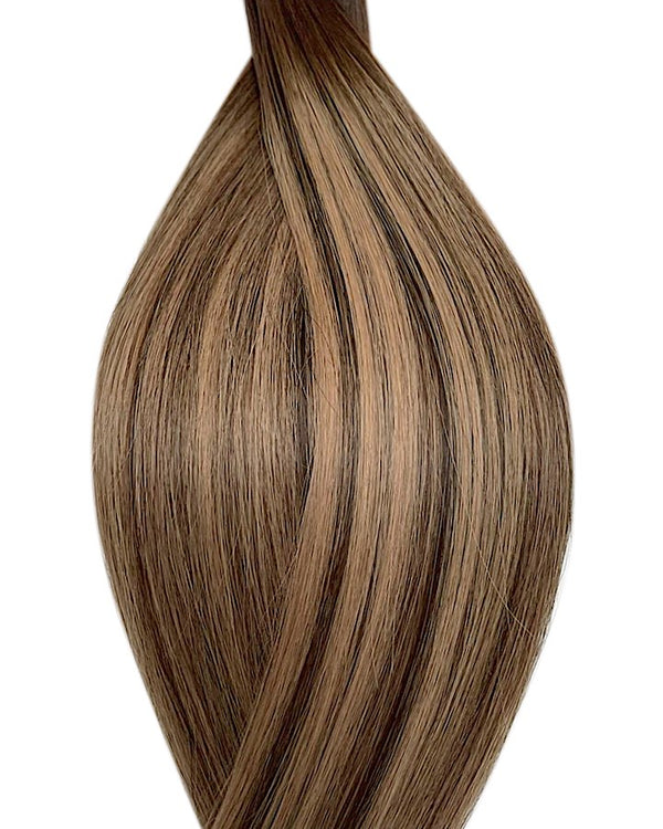 Human nano ring hair extensions UK available in #T2P2/14 balayage dark brown dark blonde mix hazelnut latte