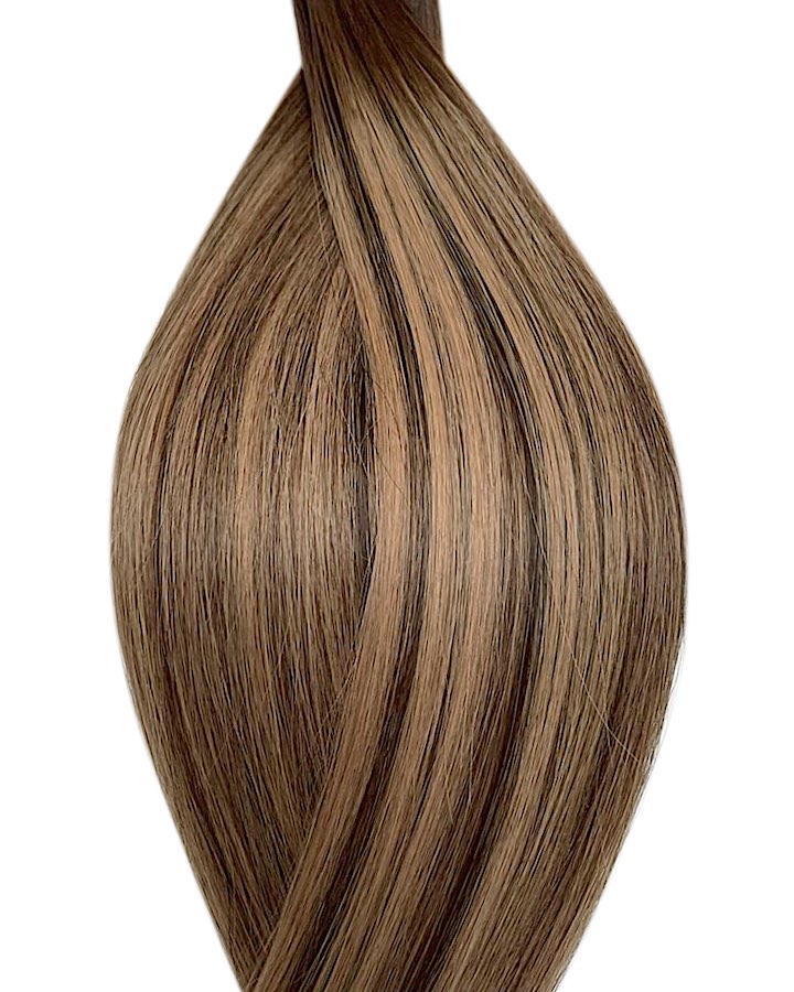 Human tape weft hair extensions UK available in #T2P2/14 balayage dark brown dark blonde mix hazelnut latte