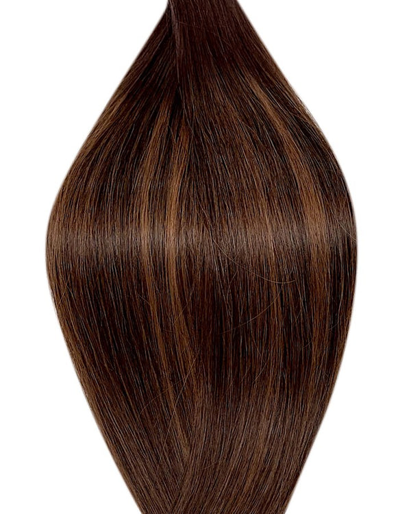 Human tape weft hair extensions UK available in #T2P2/6 balayage dark brown light chestnut brown mix rich espresso