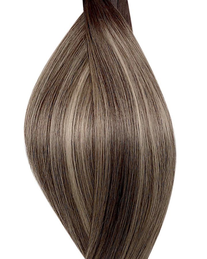Human tape weft hair extensions UK available in #T2P2/60B balayage dark brown platinum ash blonde mix iced espresso