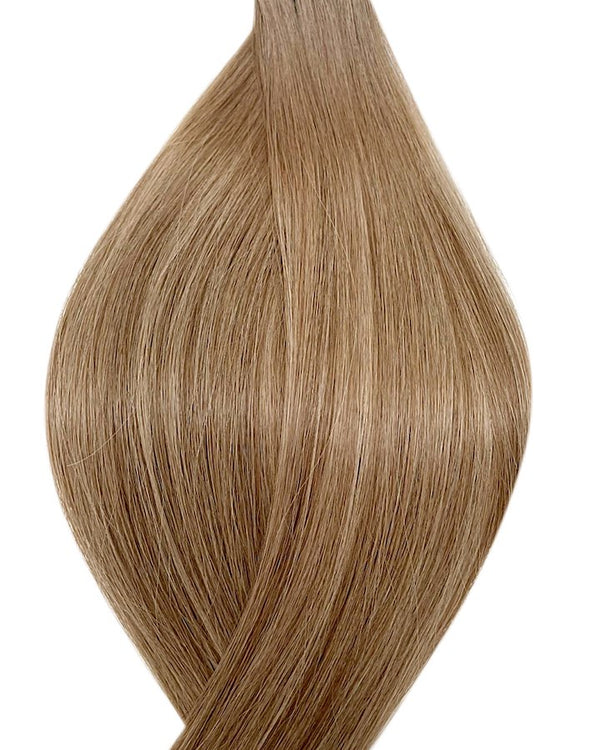 Human tape weft hair extensions UK available in #T8P8/16 balayage light brown medium ash blonde mix toffee latte