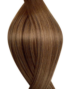 Human tape weft hair extensions UK available in #T4P4/14 balayage medium brown dark blonde mix caramel cappuccino