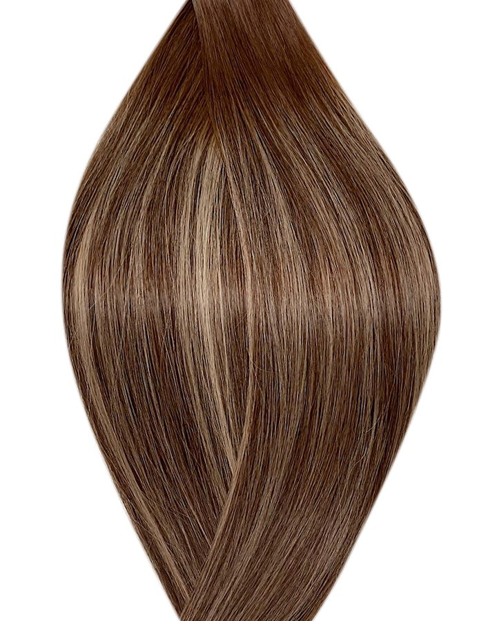 Human tape weft hair extensions UK available in #T4P4/22 balayage medium brown light ash blonde mix morning coffee