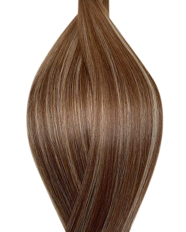 Human pre-bonded hair extensions UK available in #T4P4/60B balayage medium brown platinum ash blonde mix coconut latte