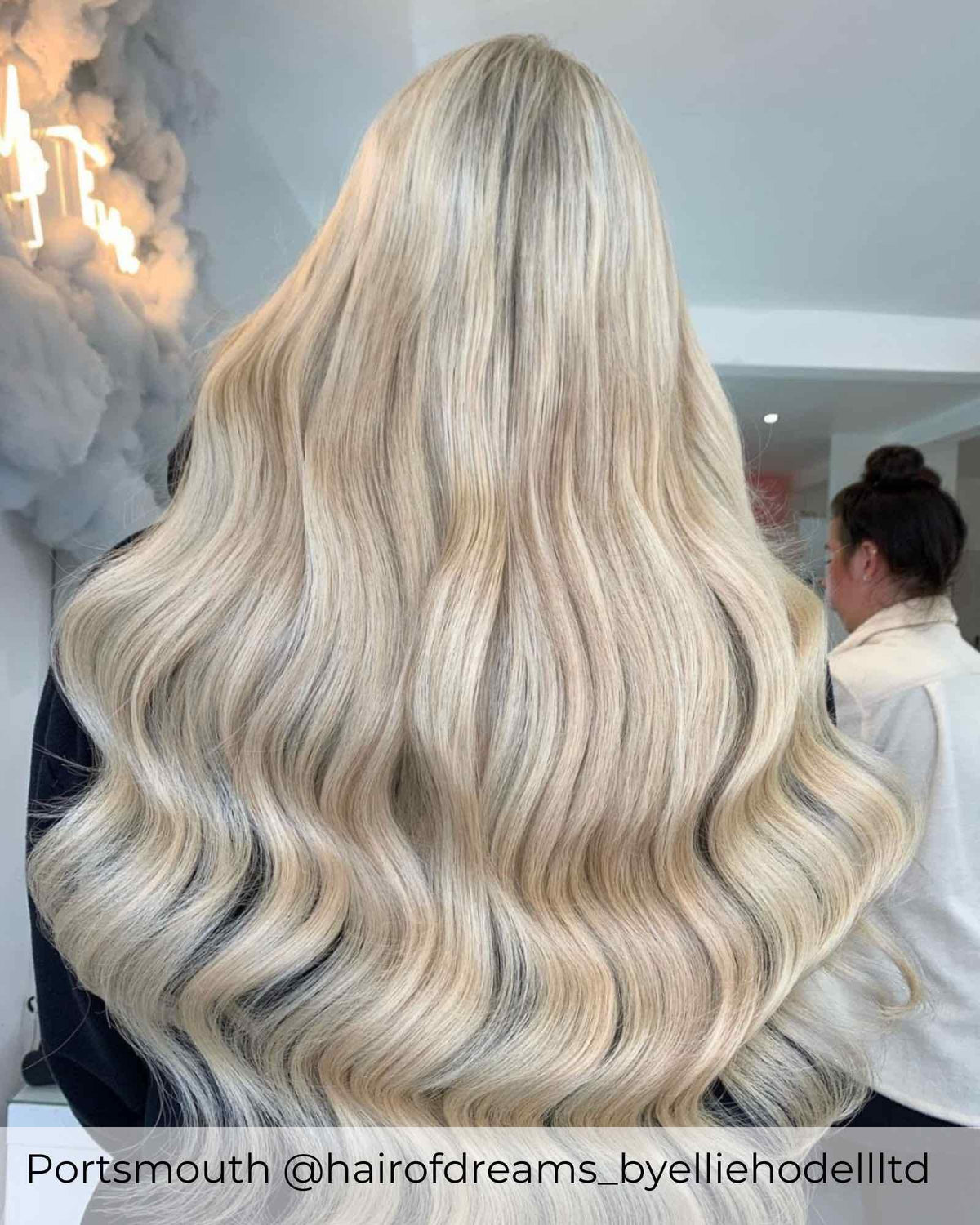 Long blonde Balayage mix hair extensions, dark ash blonde mixed with light ash blonde with darker root stretch by Viola