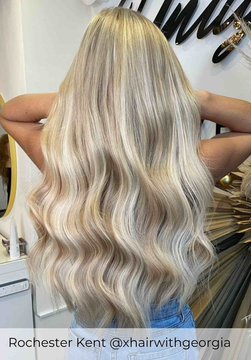 Long blonde Balayage mix hair extensions, dark ash blonde mixed with light ash blonde with darker root stretch by Viola