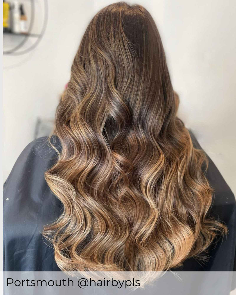 Balayage light warm brown root and honey blonde mix hair extensions, mixed extensions with a brown root by Viola hair extensions UK