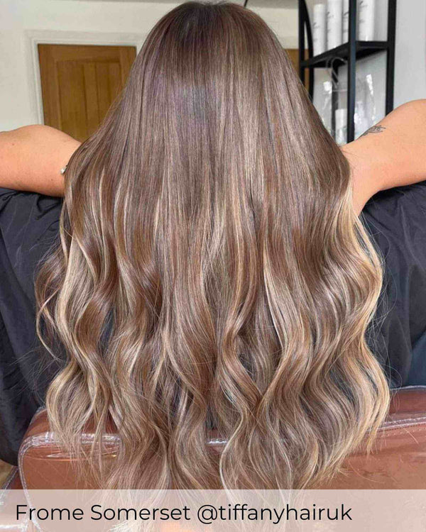 Brown blonde Balayage hair, wearing Viola Nano ring hair extensions in shade brown and ash blonde mix hair extensions 