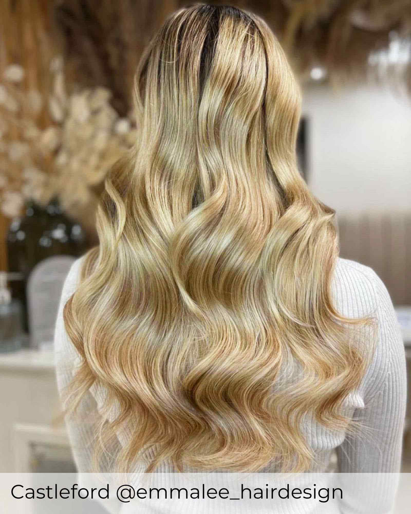 Balayage chestnut brown blonde hair extensions with a blend of brown and bright blonde highlighted human hair extensions by Viola