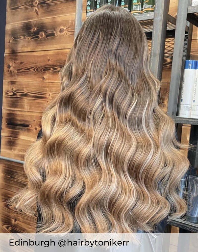 Mixed blonde hair extensions with light ash brown blended with blonde to create dark blonde Balayage mix extensions by Viola 