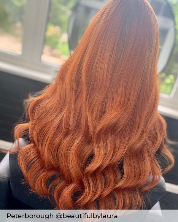 Long bright copper hair in nano ring hair extensions to add length and volume to short and long red hair by Viola
